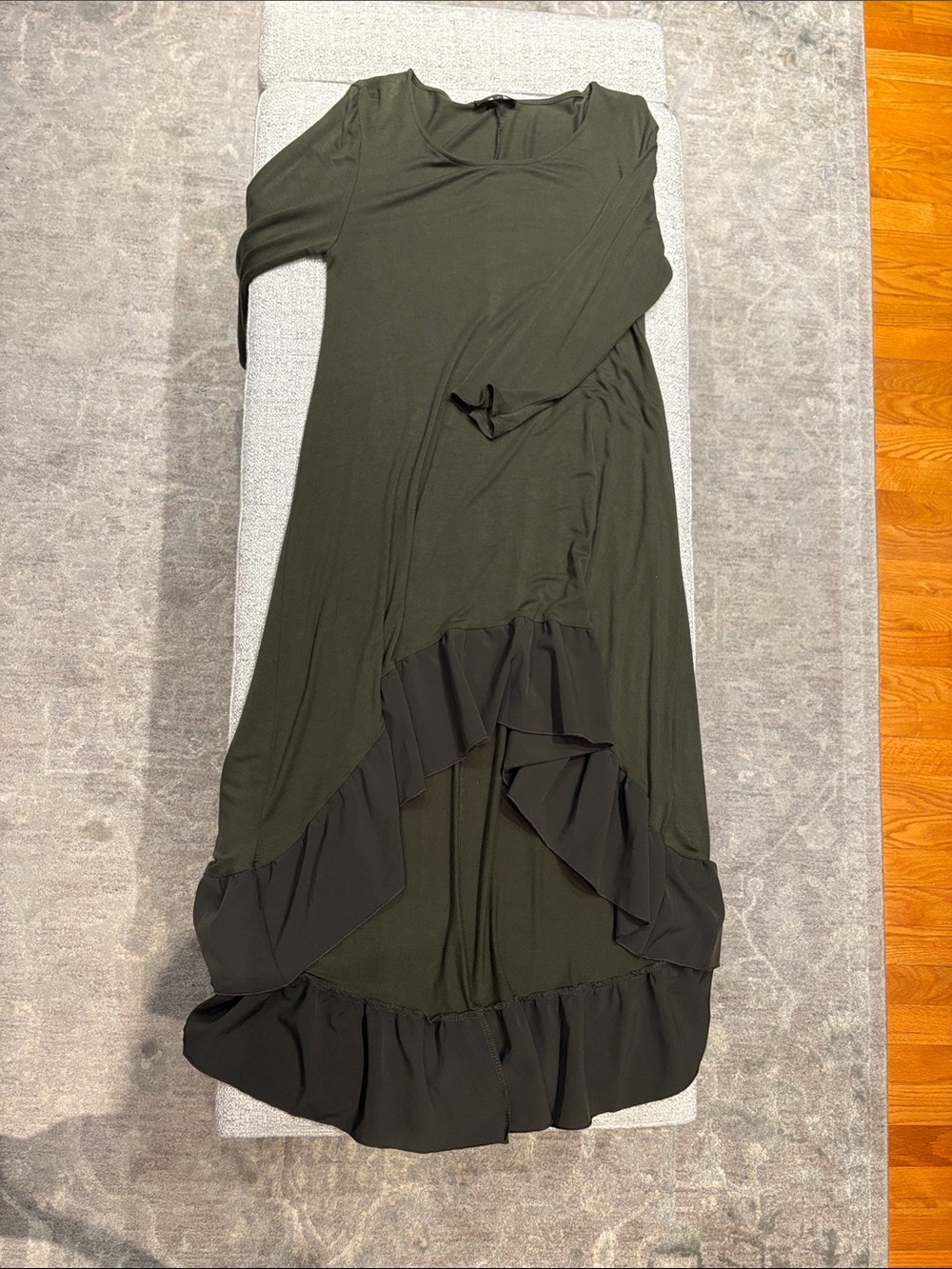 Elegant Olive Green Ruffle-Hem  three quarter length sleeve dress